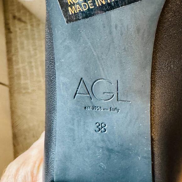 AGL Shoes Womens 8 Black Leather Pumps Pointed Toe Slip On Classic Block Heel - Picture 10 of 11